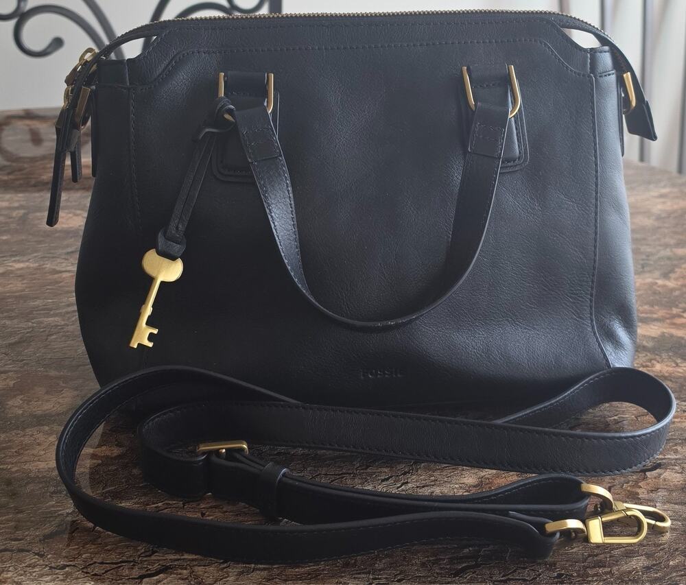 Fossil ZB1501 Black Leather Satchel Crossbody Bag Key Charm